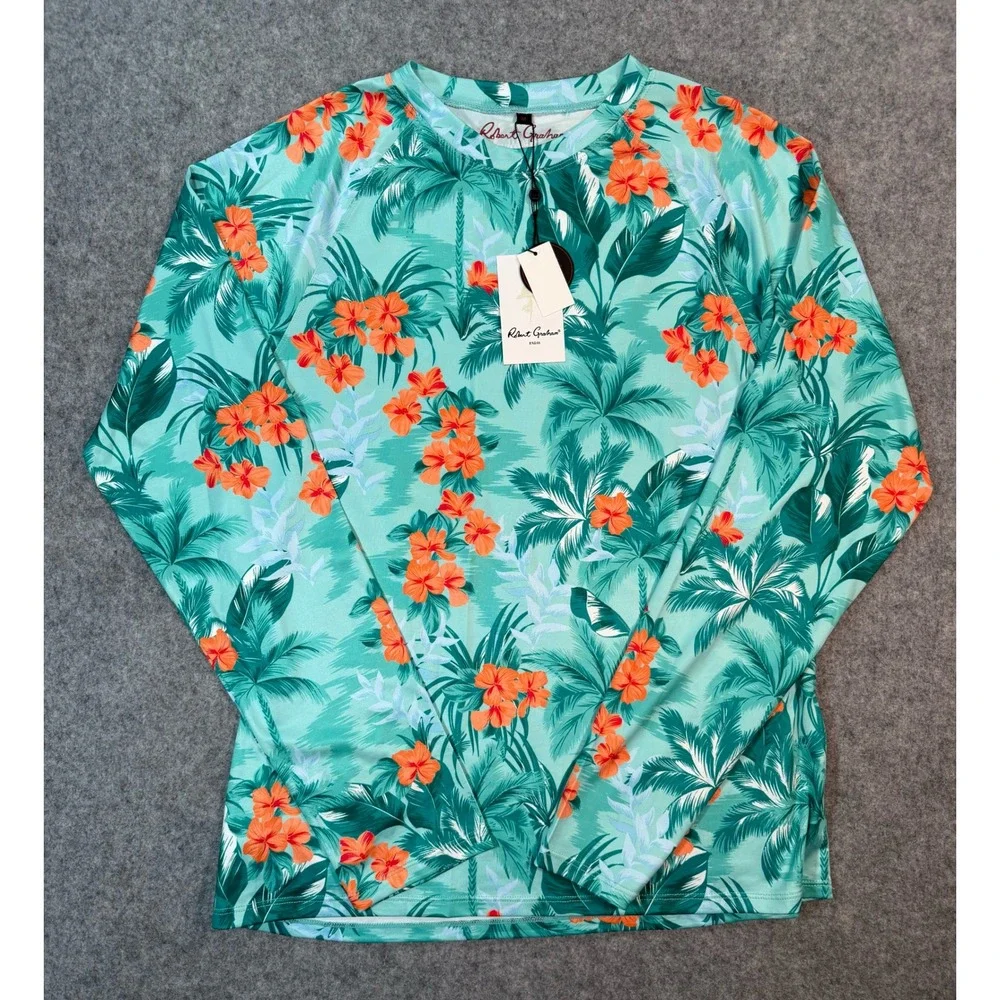 Robert Graham Mens Teal Tropical Palm Floral UPF 50+ Rash Guard Swim Shirt M NEW